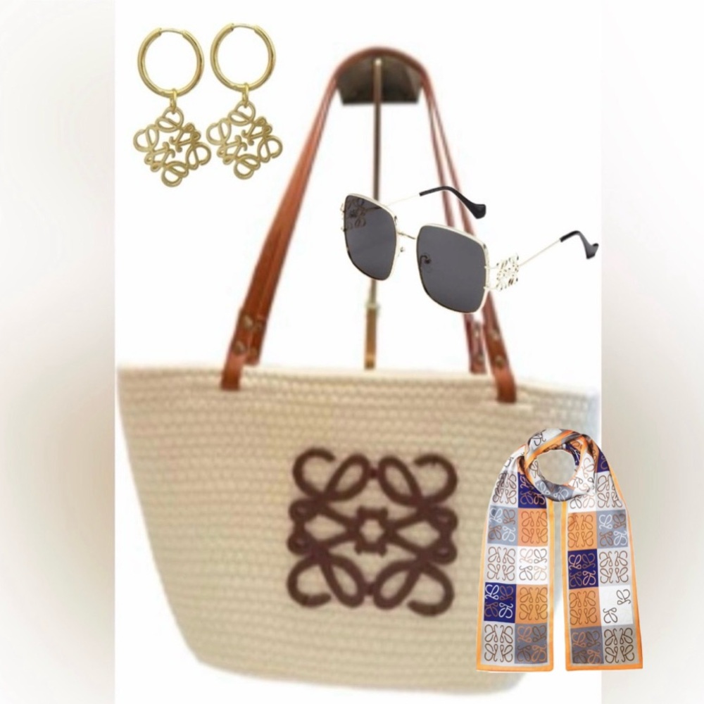 Beautiful Woven Straw Beach/Market Tote Bag ,With Scarf, Sunglasses.